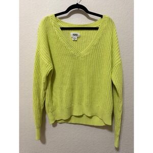 PINK Victoria's Secret V-Neck Knit Sweater‎ Neon Green Women's Large Pullover